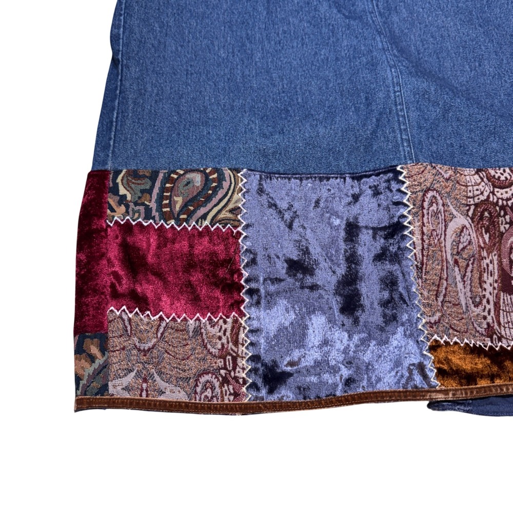 VTG Ruby Rd Denim Maxi Skirt Women Size 12 Patchwork Velvet Boho Whimsigoth - Picture 5 of 11